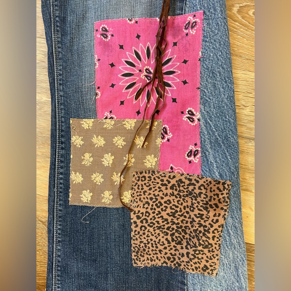 Upcycled wide leg mid rise jeans with patchwork and butterfly embellishments - Picture 5 of 9